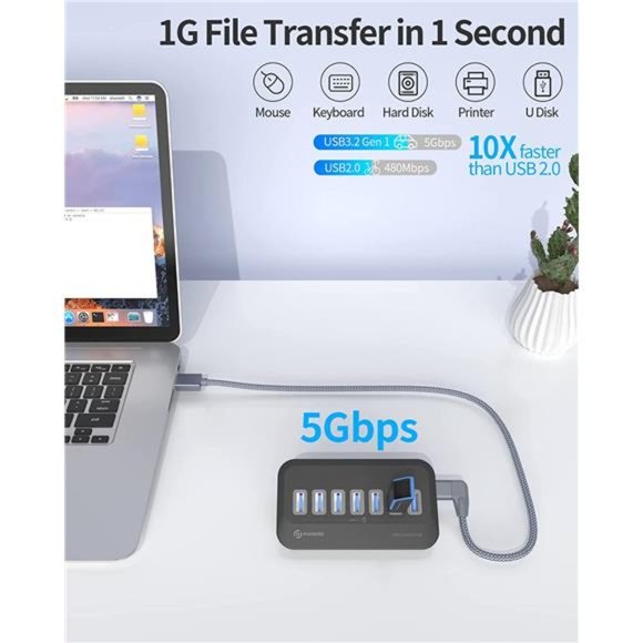 7 Ports USB 3.0 Hub, 5Gbps USB Port Hub w/ a 3.3ft USB A to C Right Angle Cable - Picture 3 of 6